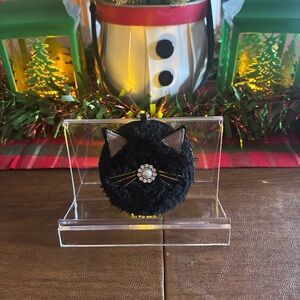 Kate Spade Furry Black Cat Pouf Keychain or Bag Charm with Pearl Accent